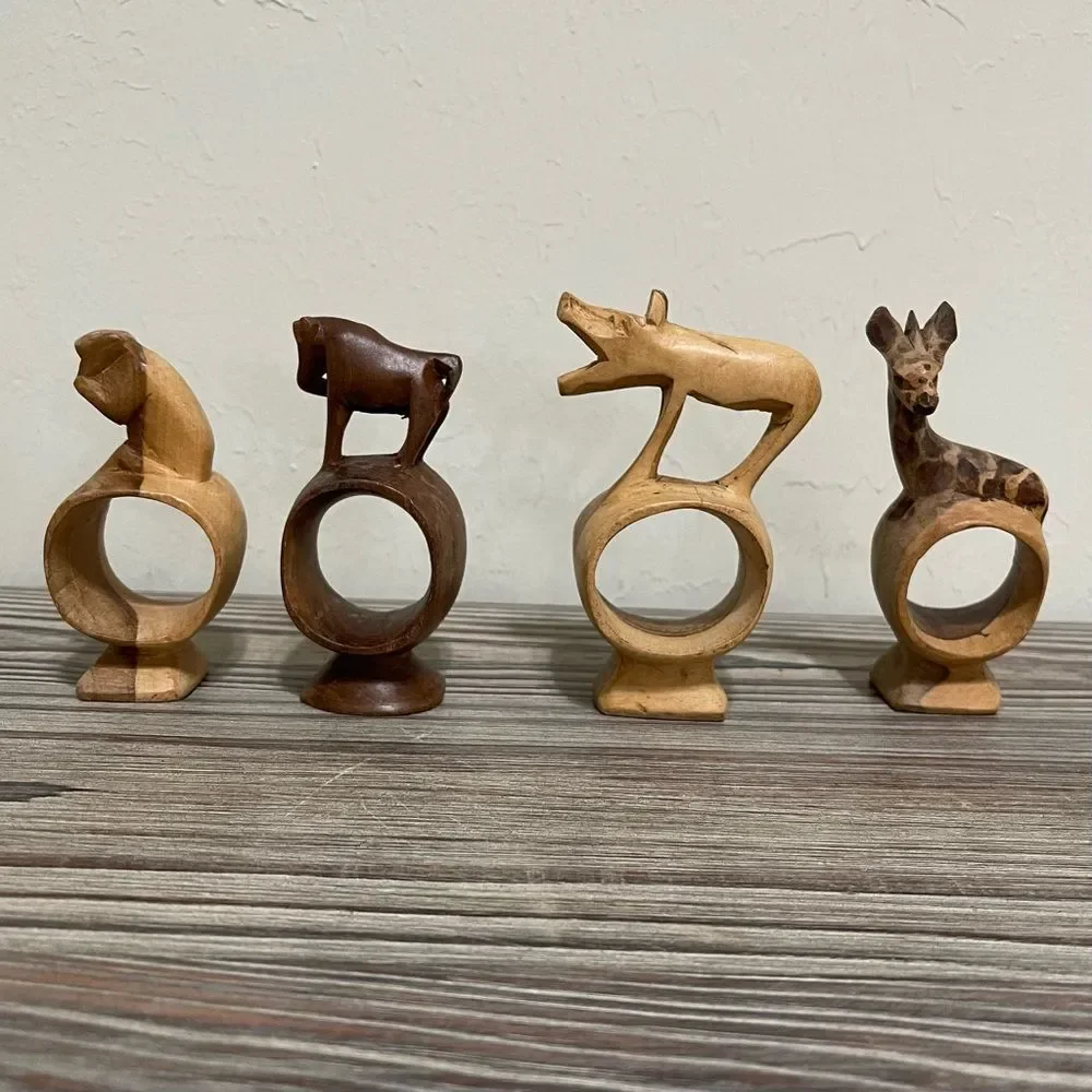 Wood Hand Carved Safari Animal Napkin Rings Monkey Giraffe Rustic Cabin Set of 4